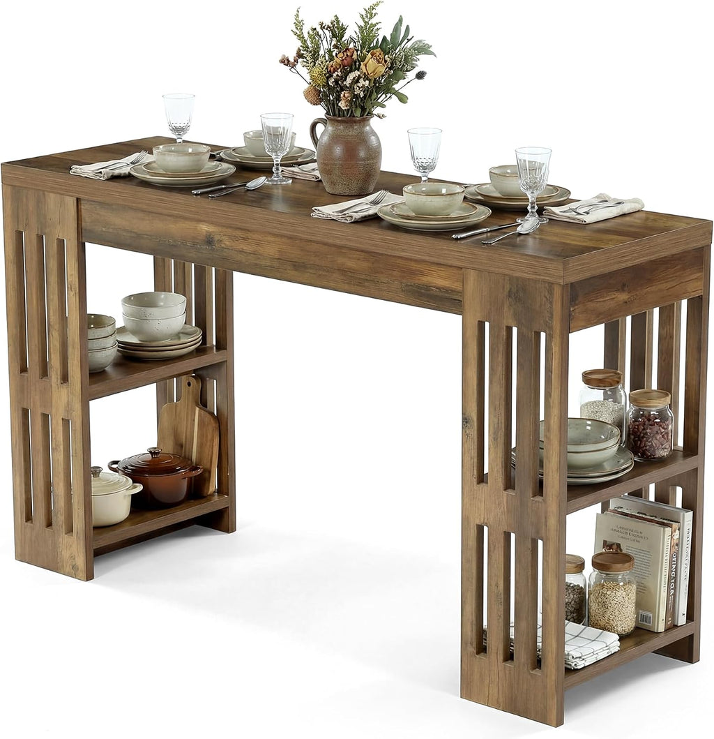 LITTLE TREE Bar Table, 63 Inch Wooden Bistro Table, Large Home Bar Unit with Wine Rack, Pub Table with Storage Shelves for Dining Room, Living Room, Kitchen Room, Brown