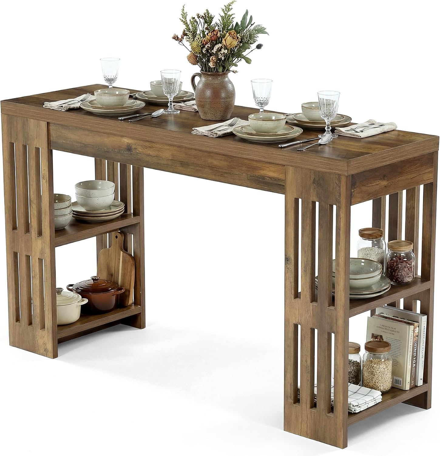 LITTLE TREE Bar Table, 63 Inch Wooden Bistro Table, Large Home Bar Unit with Wine Rack, Pub Table with Storage Shelves for Dining Room, Living Room, Kitchen Room, Brown