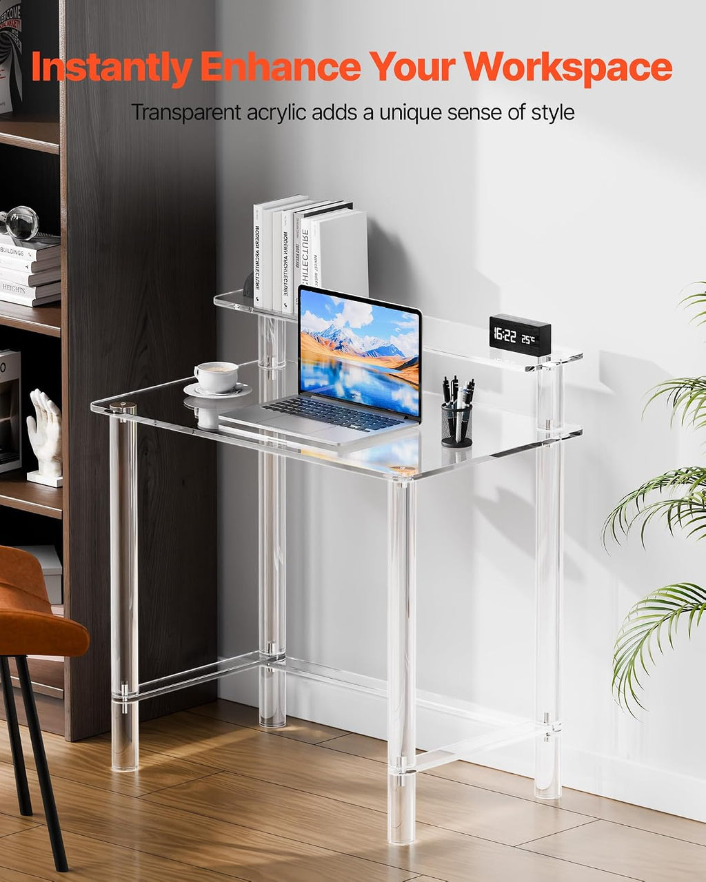 VEVOR Acrylic Desk with Monitor Stand, 2-Tier Clear Table Study Writing Desk, Modern Computer Desk for Home Office, Study, Bedroom Vanity, Living Room, 31.5' W x 19.7'' D x 34.7' H
