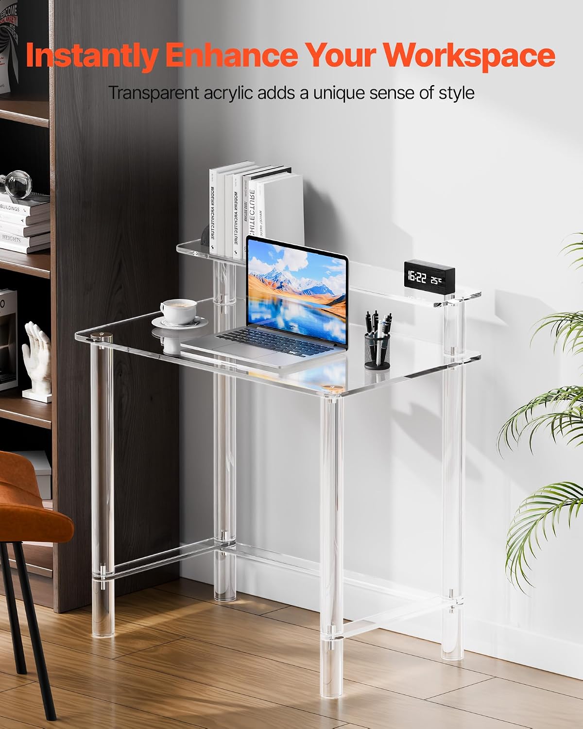 VEVOR Acrylic Desk with Monitor Stand, 2-Tier Clear Table Study Writing Desk, Modern Computer Desk for Home Office, Study, Bedroom Vanity, Living Room, 31.5' W x 19.7'' D x 34.7' H