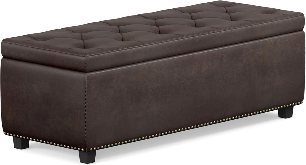 SIMPLIHOME Hamilton Storage Ottoman - 48 inch Wide Upholstered Vegan Leather Rectangle Storage Ottoman Bench in Distressed Brown, Traditional Tufted Ottoman for Living Room with Lift-Up Lid