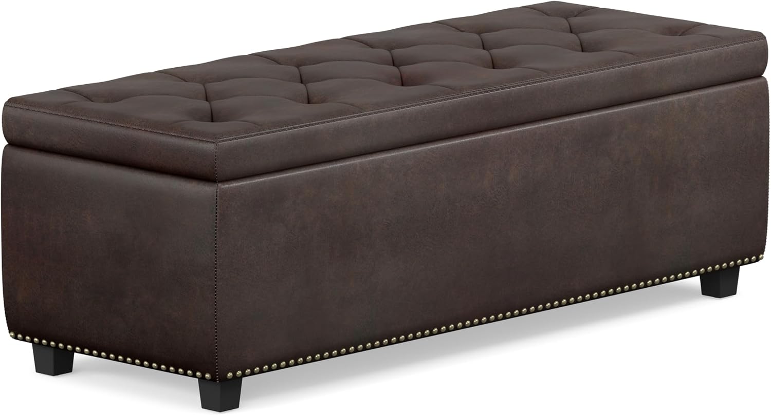 SIMPLIHOME Hamilton Storage Ottoman - 48 inch Wide Upholstered Vegan Leather Rectangle Storage Ottoman Bench in Distressed Brown, Traditional Tufted Ottoman for Living Room with Lift-Up Lid
