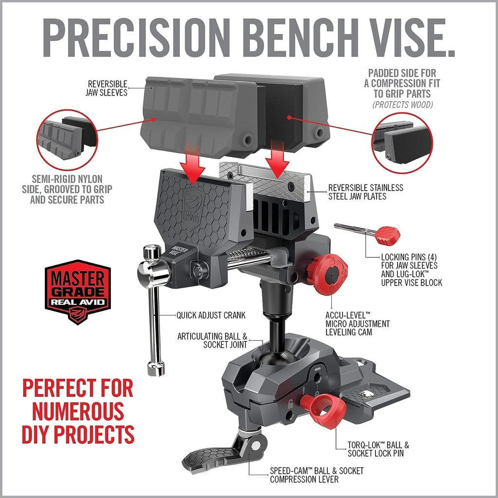 Real Avid Vise - 360° Swiveling Bench Vise for Optimal Positioning, Versatile Applications, 5' Jaw Width Vise for Cleaning, Maintenance, Woodworking & More High-Torque Applications up to 100 ft-lb