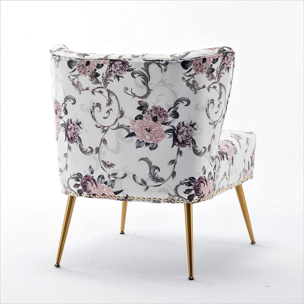 Container Furniture Direct Thia Armless Accent Chair for Living Room, Elegant Seat with Nailhead Trim, Gold Metal Legs and Comfortable Curved Back, 28' D x 25' W x 29.5' H, 02 Floral Print