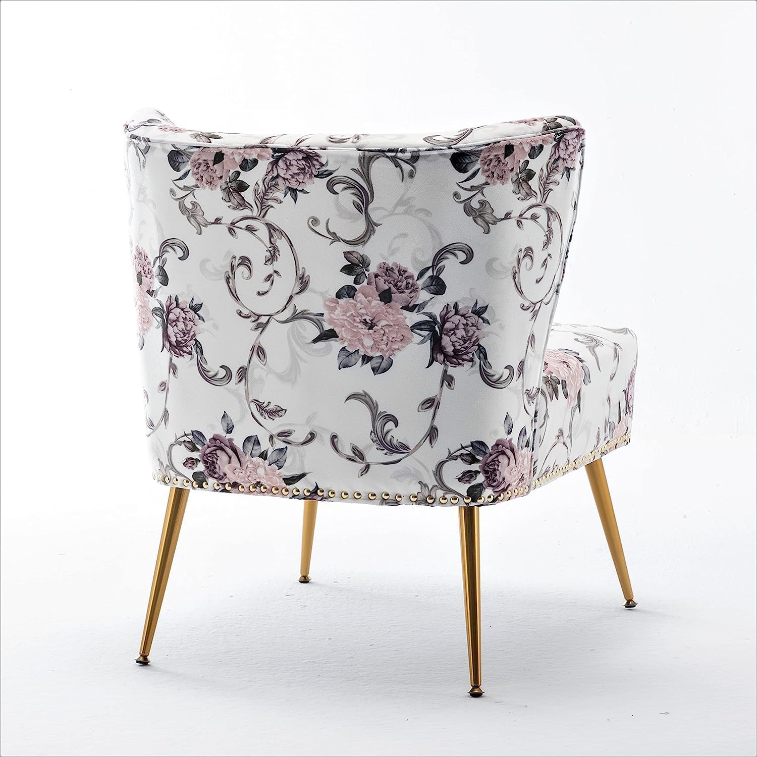 Container Furniture Direct Thia Armless Accent Chair for Living Room, Elegant Seat with Nailhead Trim, Gold Metal Legs and Comfortable Curved Back, 28' D x 25' W x 29.5' H, 02 Floral Print