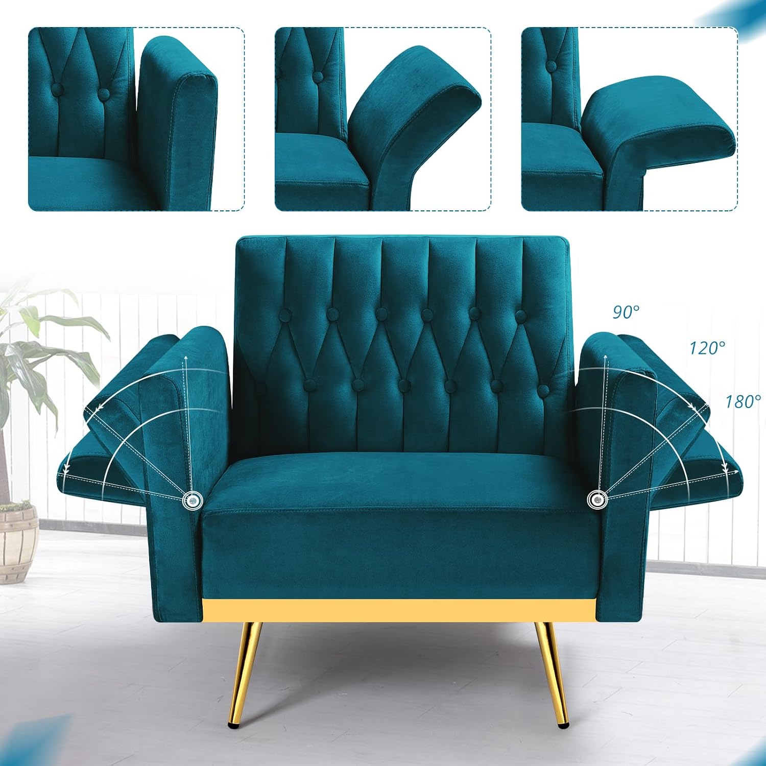 Velvet Accent Chair with Adjustable Armrests and Backrest, Button Tufted Lounge Chair, Single Recliner Armchair with Ottoman and Pillow for Living Room, Bedroom,Teal