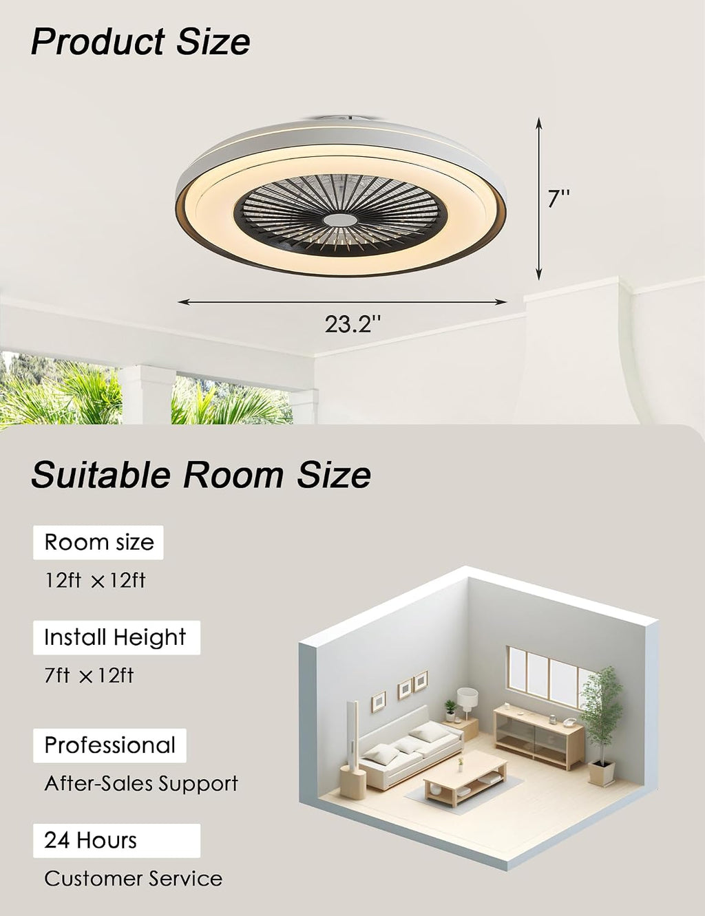 Dawn Whisper 24'' Ceiling Fan with Light Fandelier Flush Mount Low Profile Smart RGB Ceiling Fan with Dimmable LED Light for Kids Bedroom Black 3 Color 6 Speeds