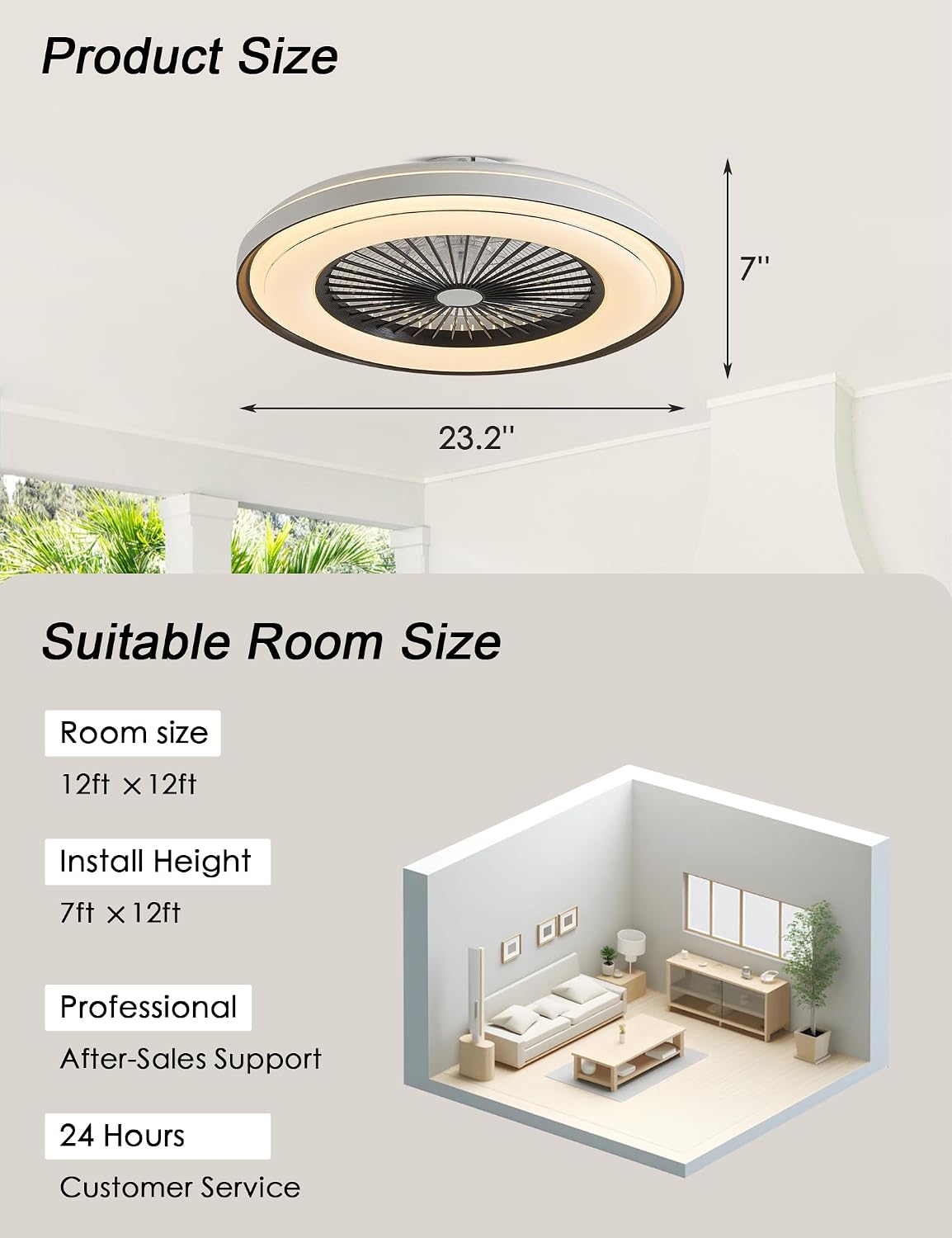 Dawn Whisper 24'' Ceiling Fan with Light Fandelier Flush Mount Low Profile Smart RGB Ceiling Fan with Dimmable LED Light for Kids Bedroom Black 3 Color 6 Speeds