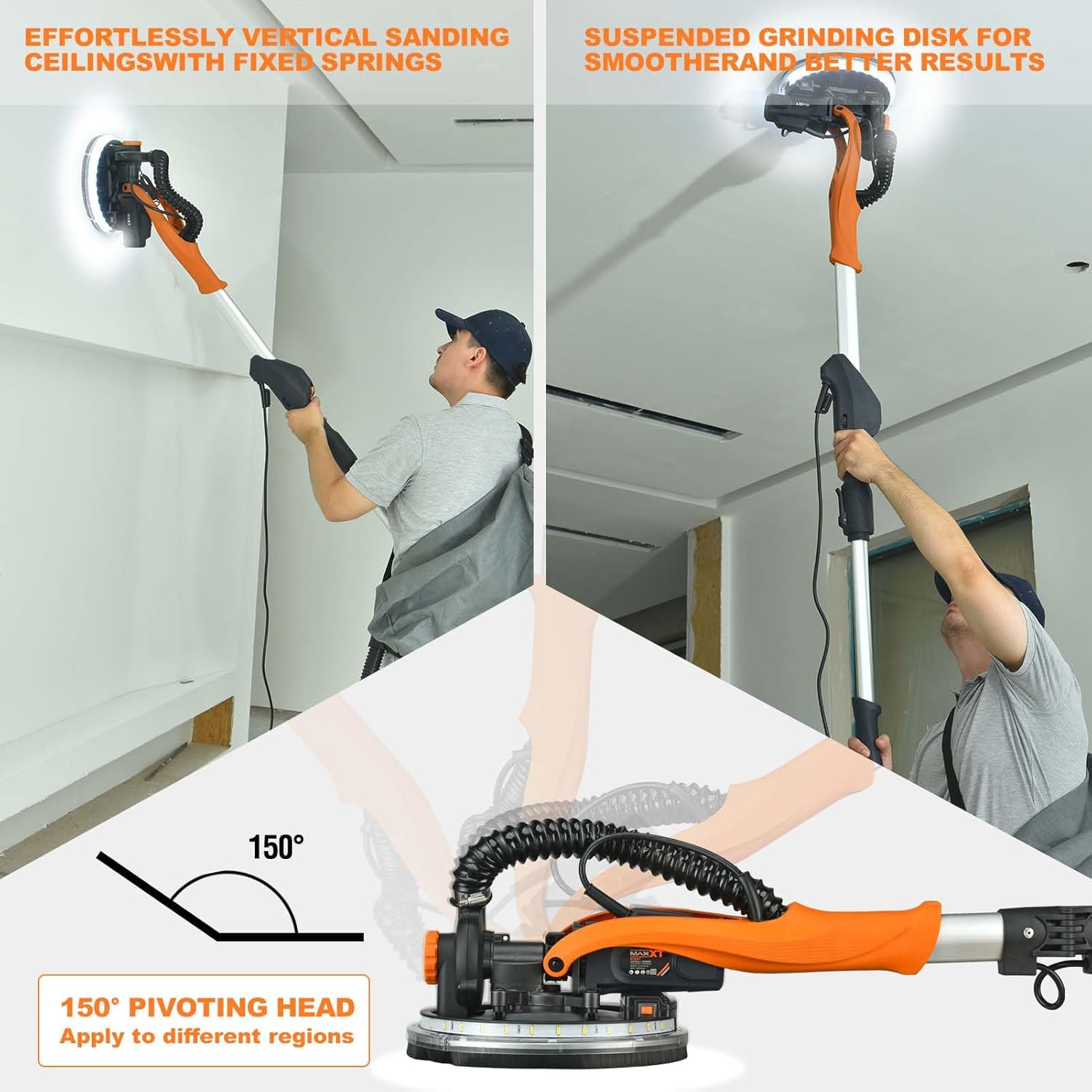 MAXXT Drywall Sander with Vacuum Dust Collection, 6 Variable Speed Foldable Telescopic Electric Wall Sander, Popcorn Ceiling Removal Tool, 1900RPM Power Sander Tool, LED Light, 18Pcs Sanding Discs