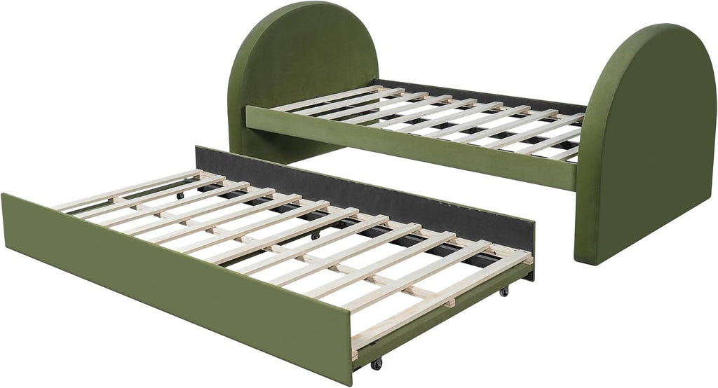 Christopher Knight Home Leonhart Velvet Upholstered Full Size Bed Frame with Headboard/Footboard, Day Bed Frame with Pull-Out Functionality, Iron Frame + Wooden Slat Trundle Bed Full, Olive Green