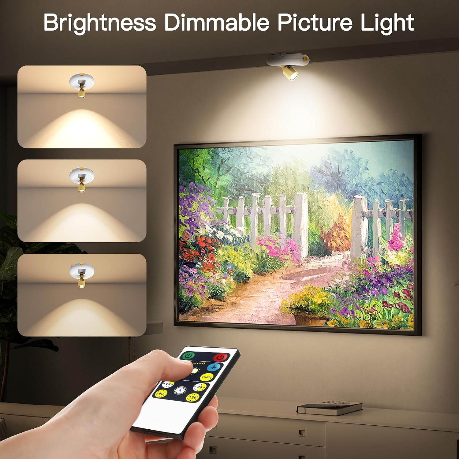Indoor Plant Spotlight Battery Operated,Picture Light with Remote,Wall Painting Uplight,Wireless Dimmable Timer,Spot Light for Plants Trees Pictures Dis Painting Art e Gallery Portrait