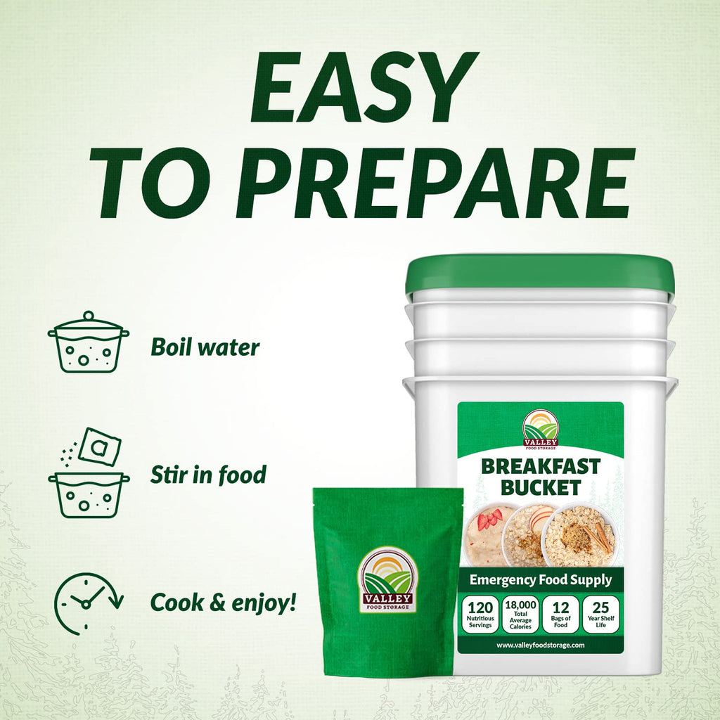 Valley Food Storage 120 Serving Breakfast Bucket | Emergency Food Supply with Easy Prep Breakfast Meals | 25 Year Shelf Life | Camping Food, Prepper Supplies & Long Term Storage | Packaged in USA