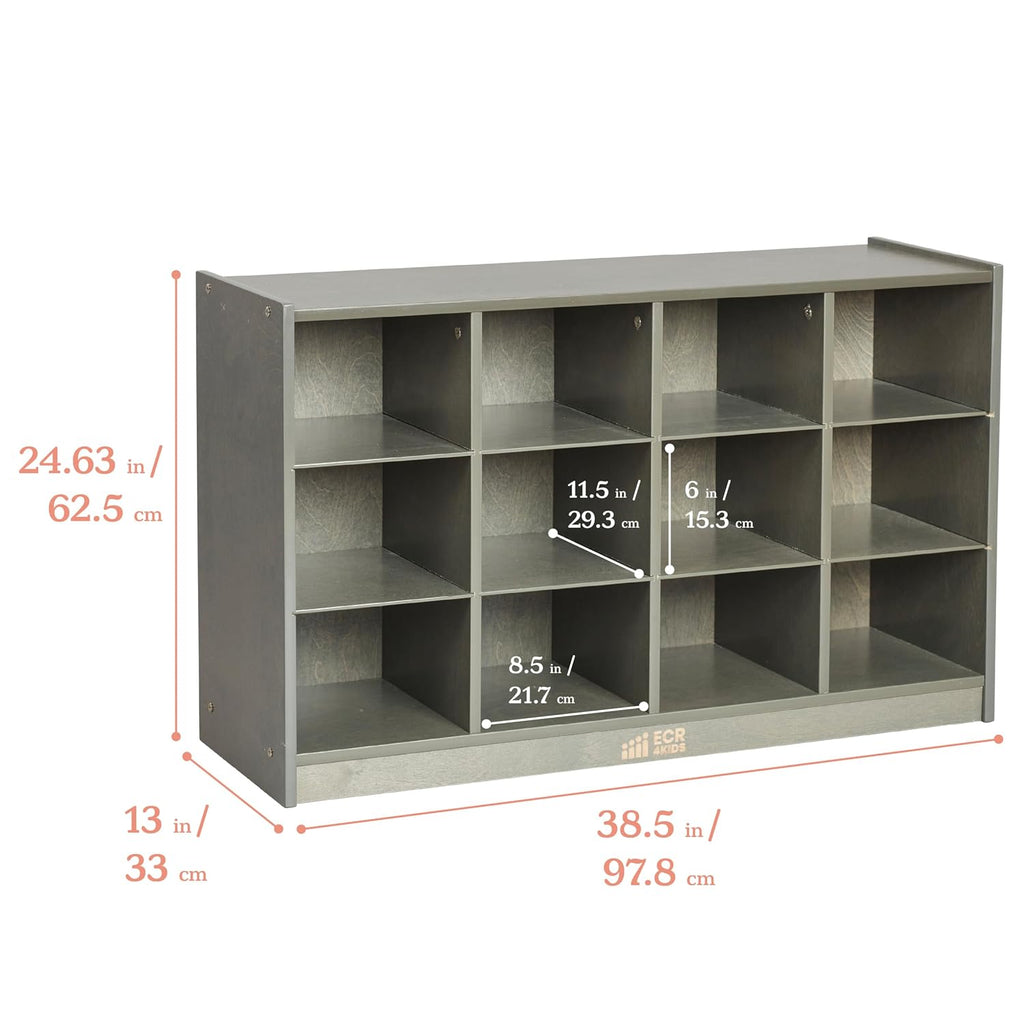 ECR4Kids 12 Cubby Mobile Tray Storage Cabinet, 3x4, Classroom Furniture, Grey Wash