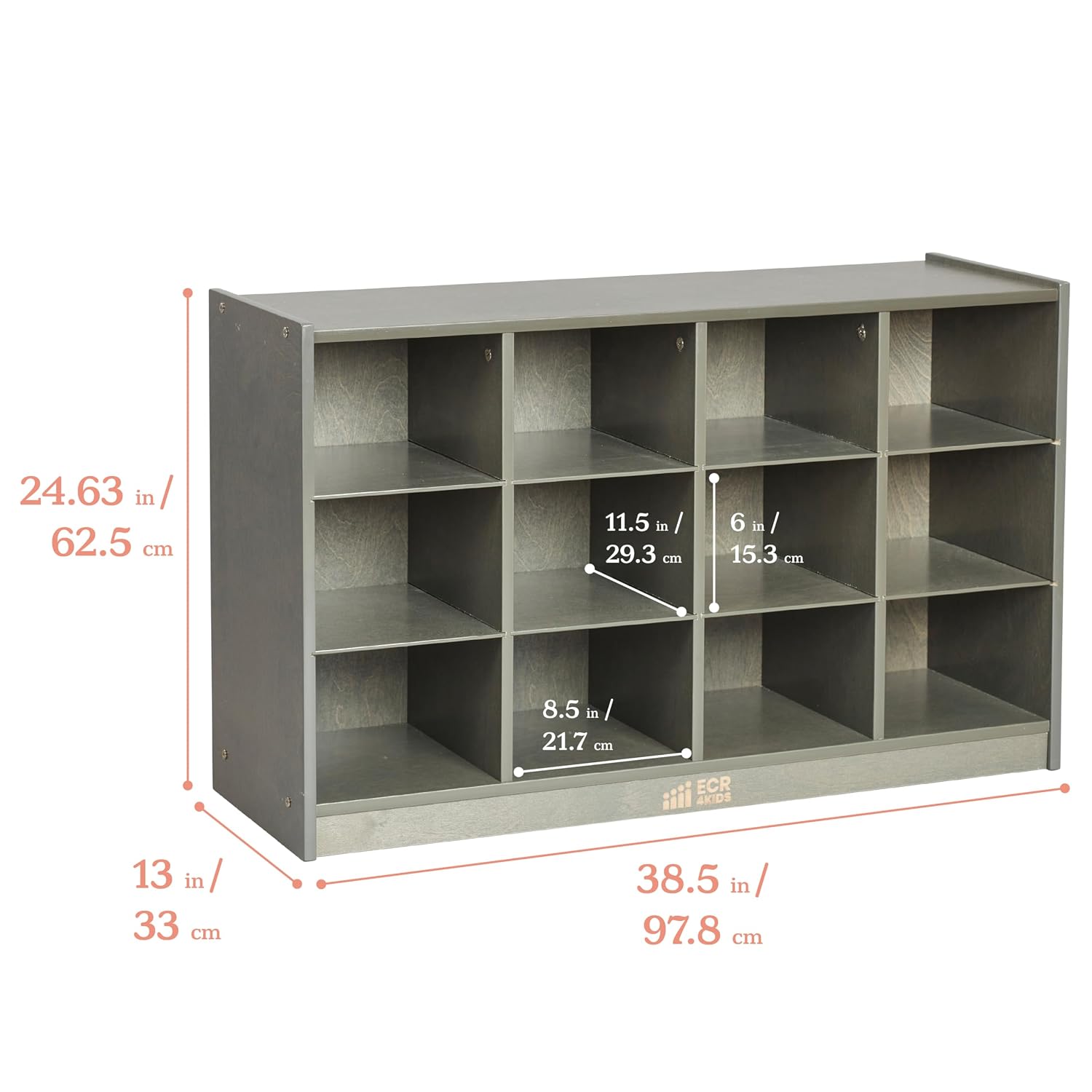 ECR4Kids 12 Cubby Mobile Tray Storage Cabinet, 3x4, Classroom Furniture, Grey Wash