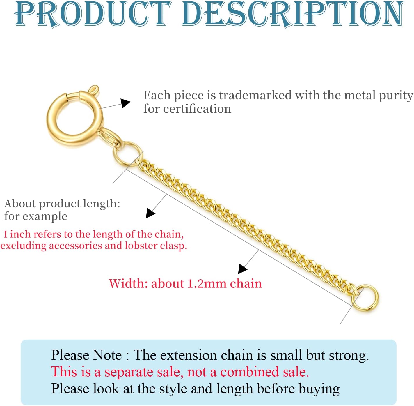 10k Real Gold 1'/1.5'/2'/3'/4' Necklace Extender Chain, Durable Strong Removable Gold Chain Extender, 10k Gold Adjustable Extension Chain for Necklace Bracelet Anklet
