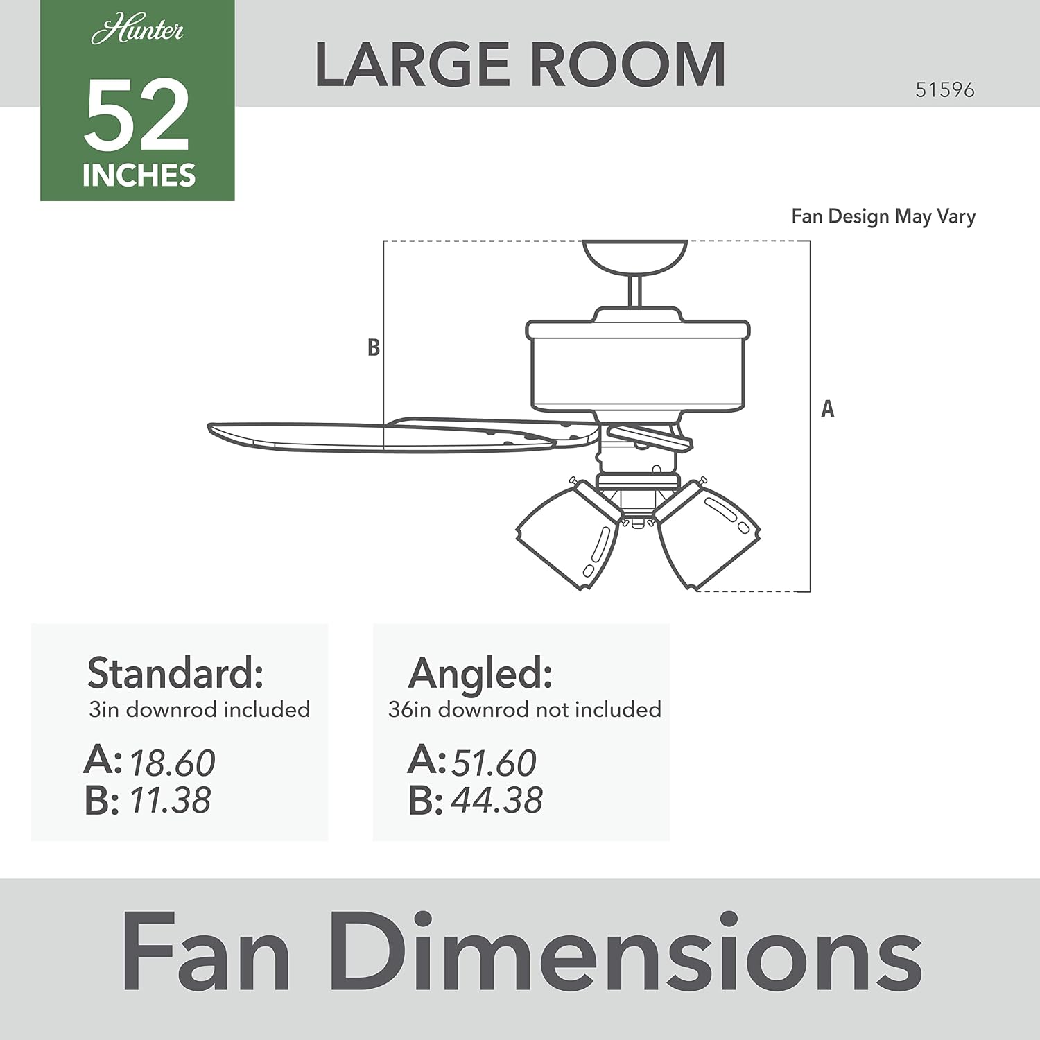 Hunter 52 inch Indoor Ceiling Fan with LED Lights and Pull Chain - Standard Mount Ceiling Fan, 5 Blades, For Bedroom, Living Room, or Kitchen, 3 inch Downrod - Rosner 51596, Brushed Nickel