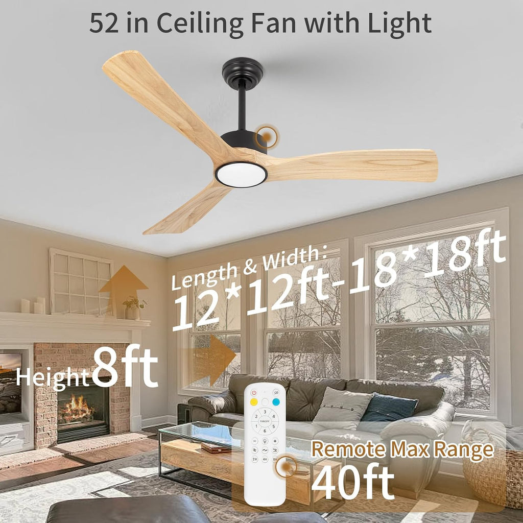 52inch Ceiling Fan with Lights,Downroad Ceiling Fans with Remote Control,3 Wooden Blades,Dimmable Light,6 Speeds,Noiseless,Ceiling Fan for Bedroom,Living Room,Office,Indoor,Natural Wood Grain