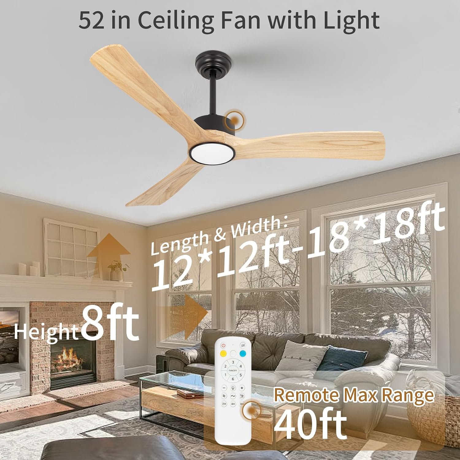52inch Ceiling Fan with Lights,Downroad Ceiling Fans with Remote Control,3 Wooden Blades,Dimmable Light,6 Speeds,Noiseless,Ceiling Fan for Bedroom,Living Room,Office,Indoor,Natural Wood Grain