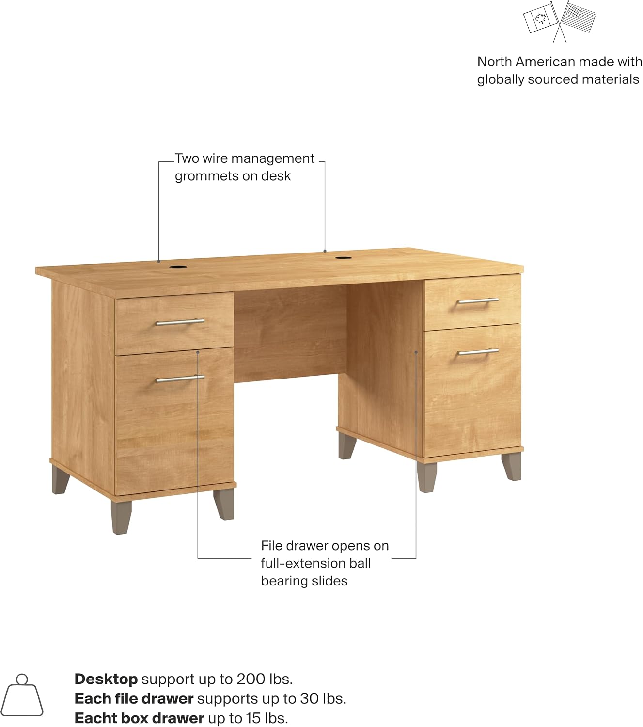 Bush Home 60-Inch Office Desk with Drawers, Computer Desk with File and Box Drawers, Home Office Workstation with Storage Cabinet, Writing Desk Furniture, Somerset Collection, Maple Cross
