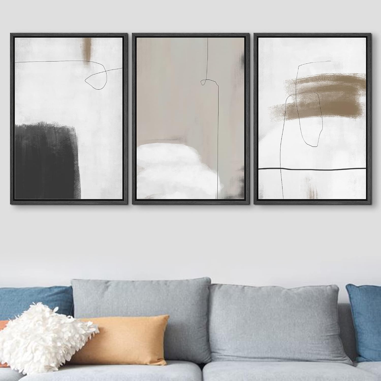 SIGNFORD Framed Canvas Print Wall Art Set Grunge Dark Watercolor Paint Stroke Abstract Shapes Illustrations Modern Art Bohemian Nordic Relax/Calm for Living Room, Bedroom, Office - 24'x36'x3 Black