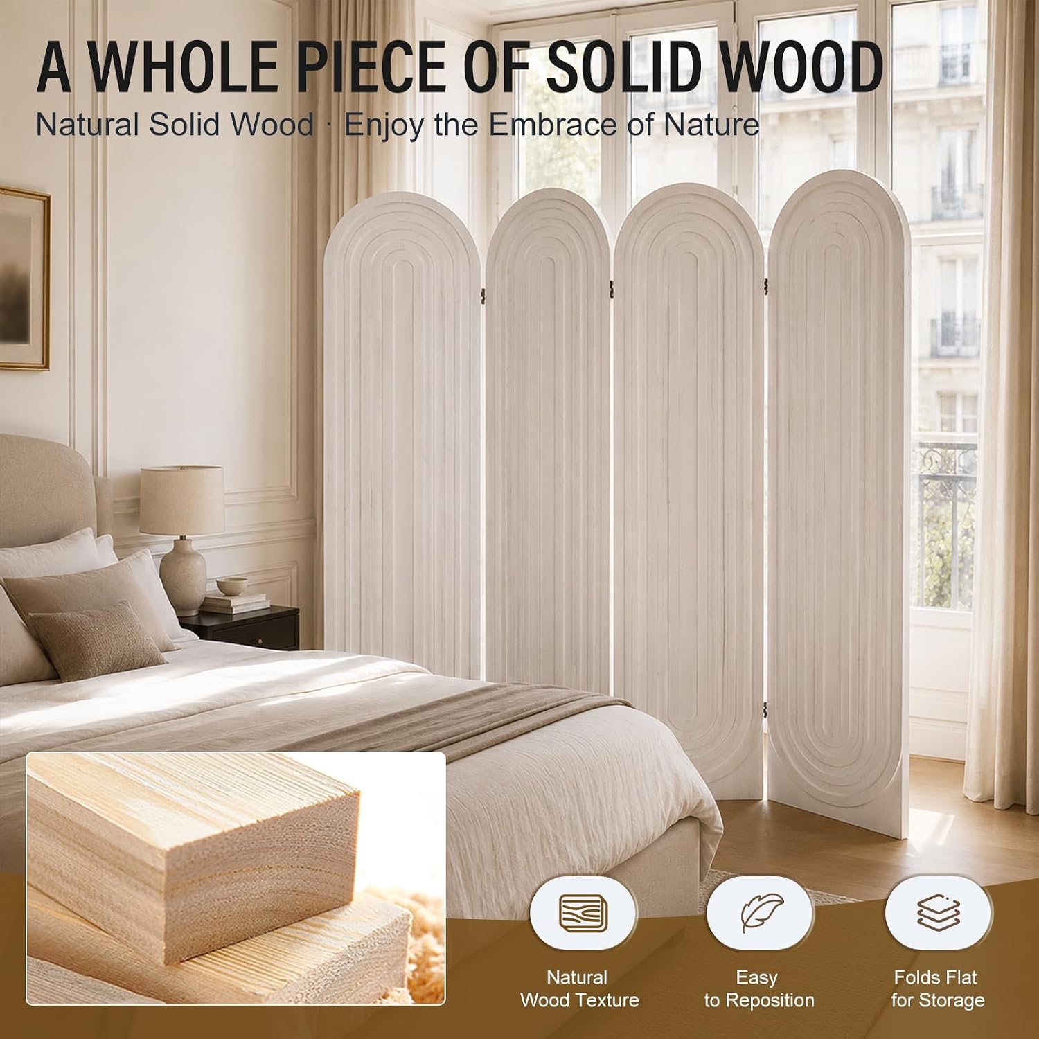 Room Divider and Folding Privacy Screen 4 Panel Wood Arched Room Divider Wall, Separators Divider for Room Separation, Folding Portable Partition Screen for Home Office Bedroom (White)