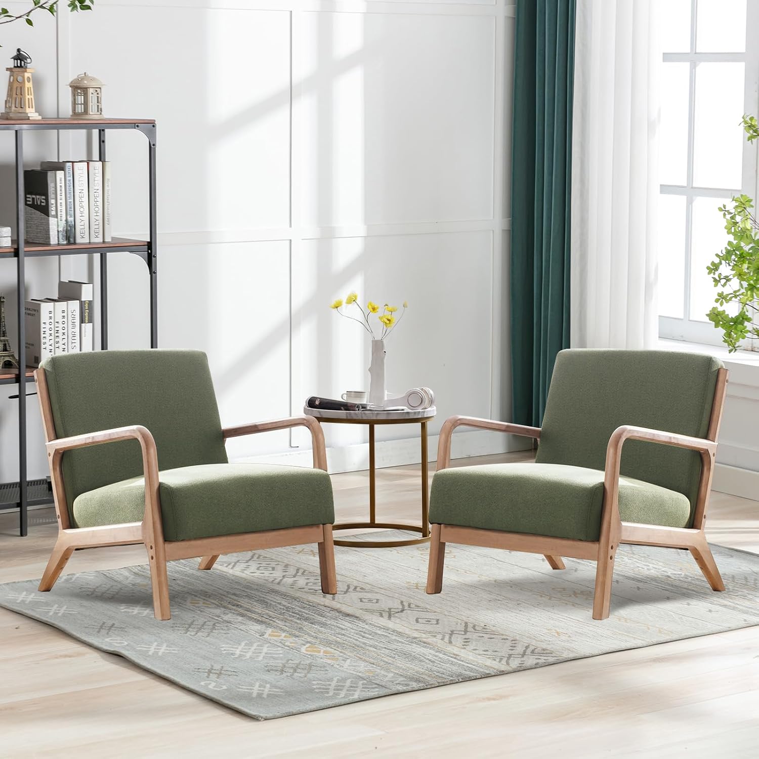 ANJ Mid Century Modern Accent Chairs Set of 2, Comfy Fabric Reading Chair with Solid Wood Frame, Easy Assembly Armchair for Living Room Blackish Green 2