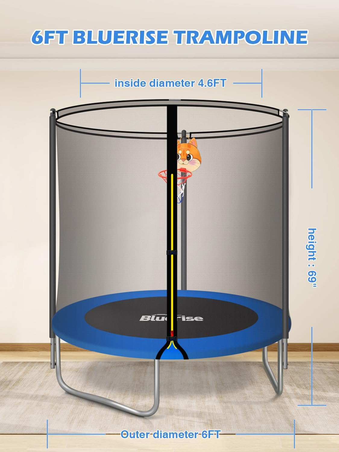 BLUERISE 55IN 6FT Toddler Trampoline for Kids Indoor Outdoor Play for Kids Trampoline Basketball Hoop Attachment with Enclosure Net Easy to Assemble