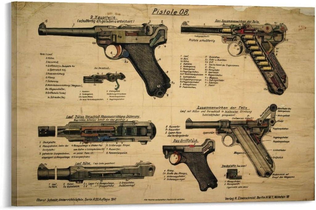 WW2 Luger Pistol Pistole 08 POSTER History Gun Collector Gift Canvas Wall Art Print Are Used For Room Aesthetics And Decoration 24x36inch(60x90cm)