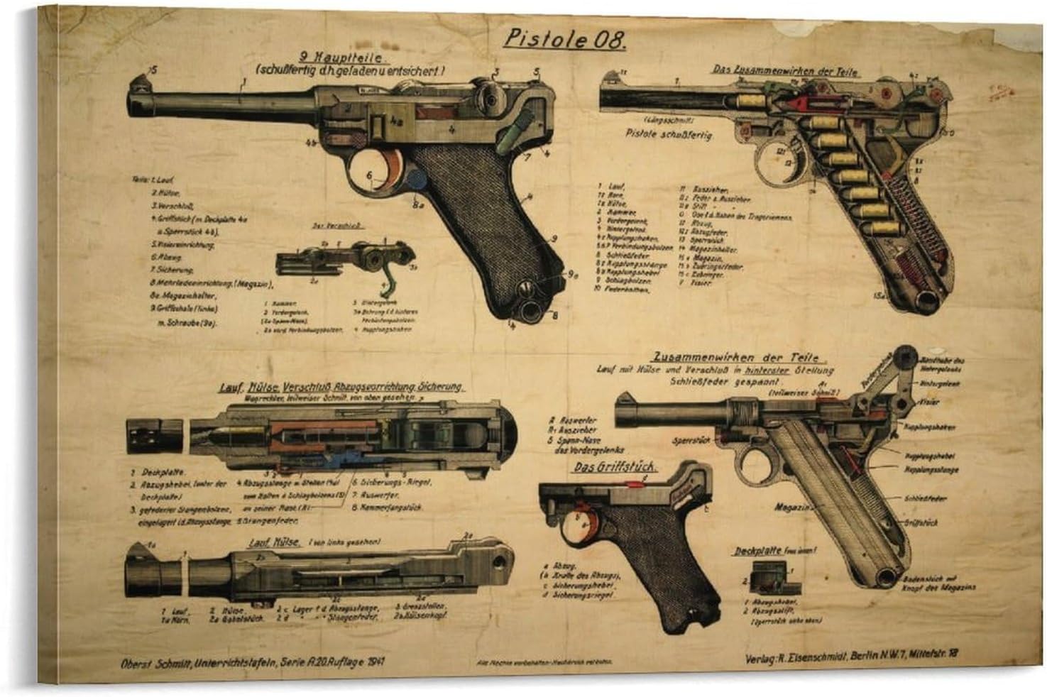 WW2 Luger Pistol Pistole 08 POSTER History Gun Collector Gift Canvas Wall Art Print Are Used For Room Aesthetics And Decoration 24x36inch(60x90cm)