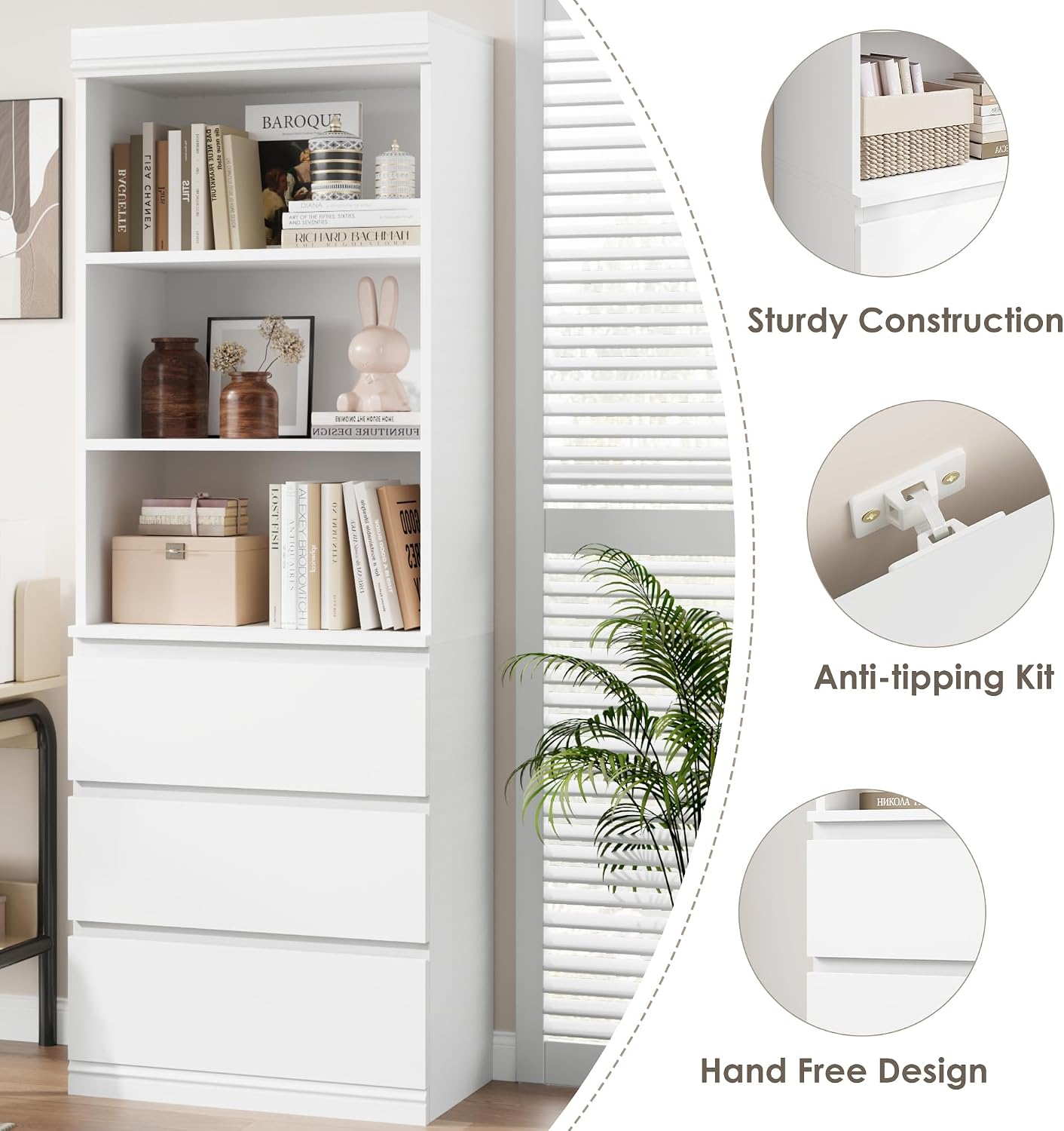 GarveeHome 70 in Bookcase with Drawers, Tall Bookshelf Farmhouse Bookcases Wooden Deep Bookshelves Storage Cabinet Organizer for Living Room, Study, Kitchen, Home Office(A-White)