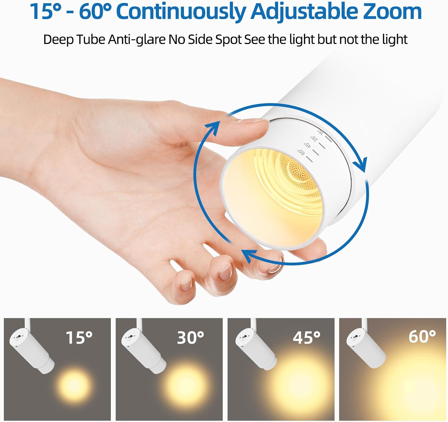 5-Color LED Track Lighting Kit, 15°-60° Zoomable Track Light Fixture Ceiling Head Dimmable 6-Lights 2700k-6000K Selectable Flexibly Rotatable for Accent Lighting, Kitchen, Living Room White