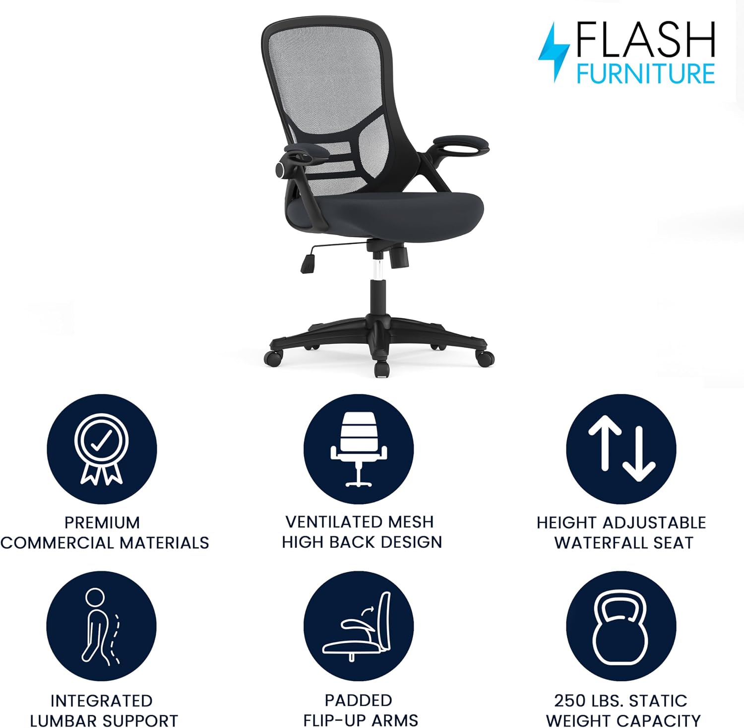 Flash Furniture Porter High-Back Swivel Office Chair with Adjustable Lumbar Support and Seat Height, Ergonomic Mesh Desk Chair with Flip-Up Armrests, Black