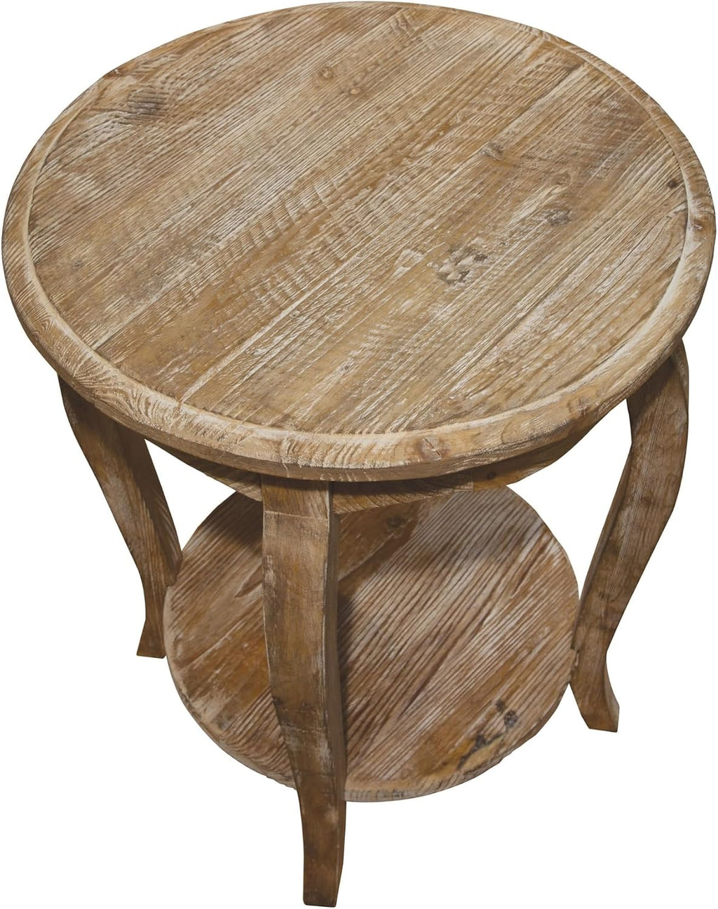 Alaterre Furniture Austerity Living Room Tables – 20-Inch Round Cedar Wood End Table with Curved Legs, Scalloped Edges and Lower Shelf – Rustic Antique Style Accent Table (Driftwood Finish, Set of 2)
