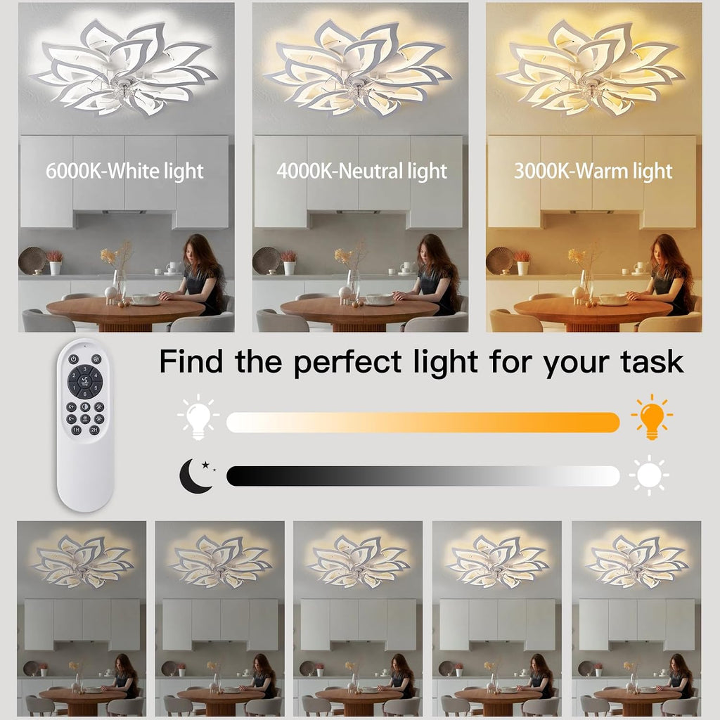 Dalouguan 35' White Modern Ceiling Fan with Lights Remote Control, 6 Speeds 3 Light Color Low Profile Flush Mount Ceiling Fan with light for Kitchen Living Room