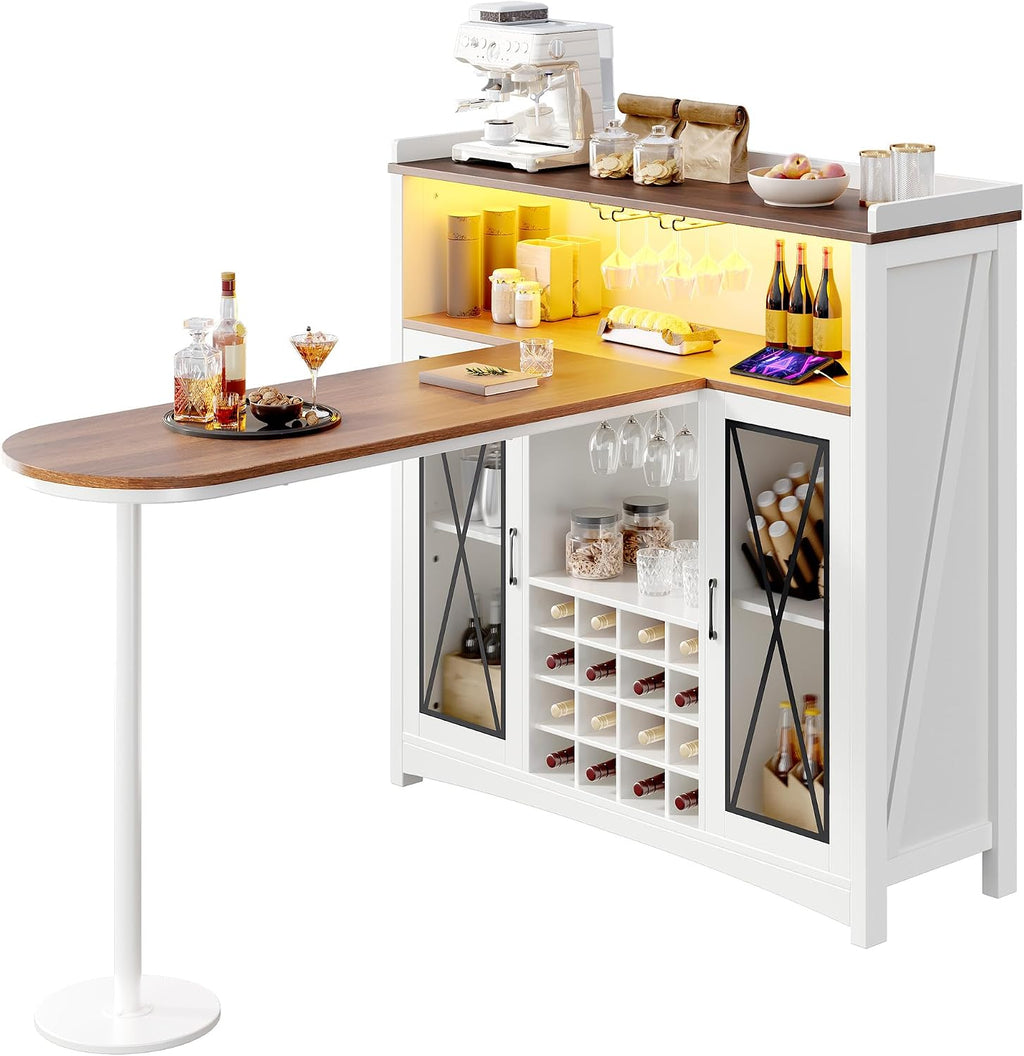 YITAHOME Mini Bar Unit for Home with LED Light & Wine Bar Cabinet, Large Tall Height Bar Table with Wine Rack, Farmhouse Coffee Station with Storage Glasses Hanger for Kitchen Pub, Walnut & White