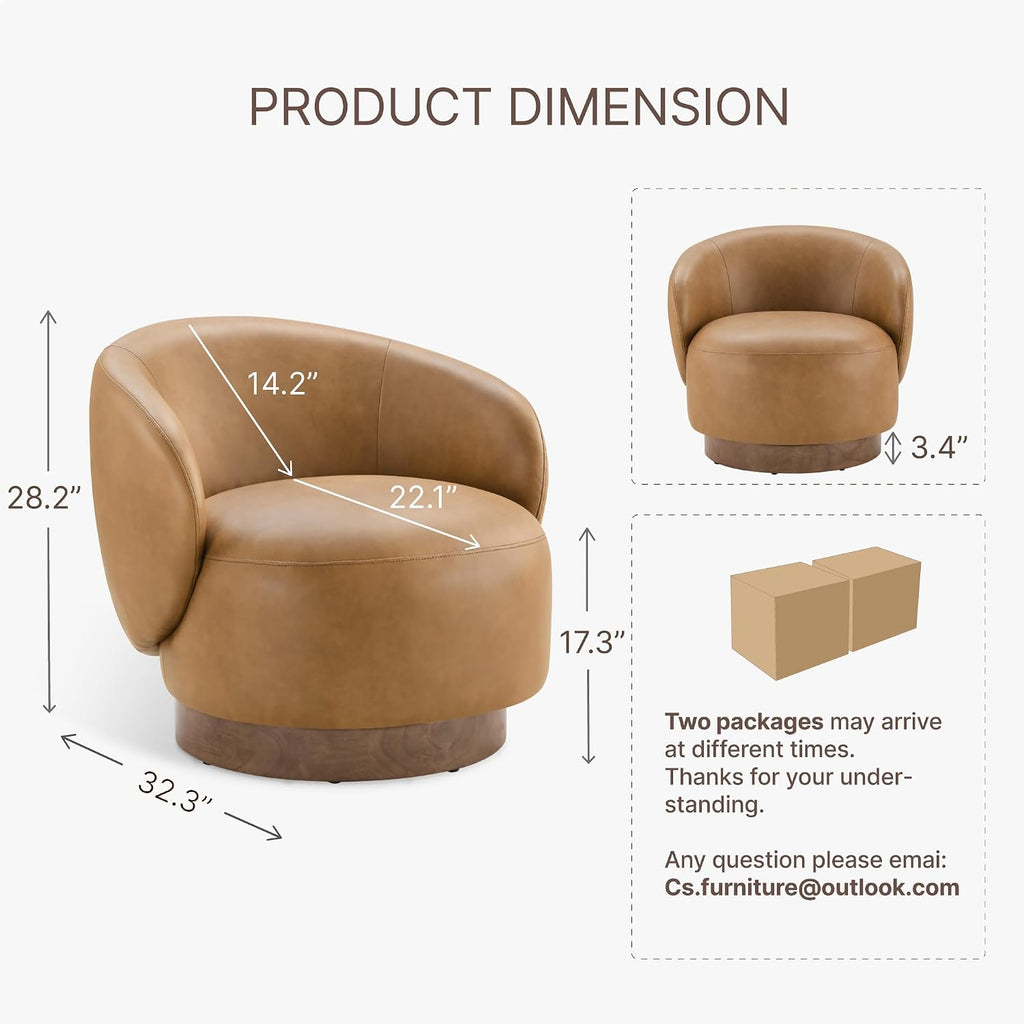 KISLOT Swivel Accent Chair Modern Round Barrel Armchair with Upholstered Faux Leather for Living Room Bedroom Waitingroom,2 Box,Brown