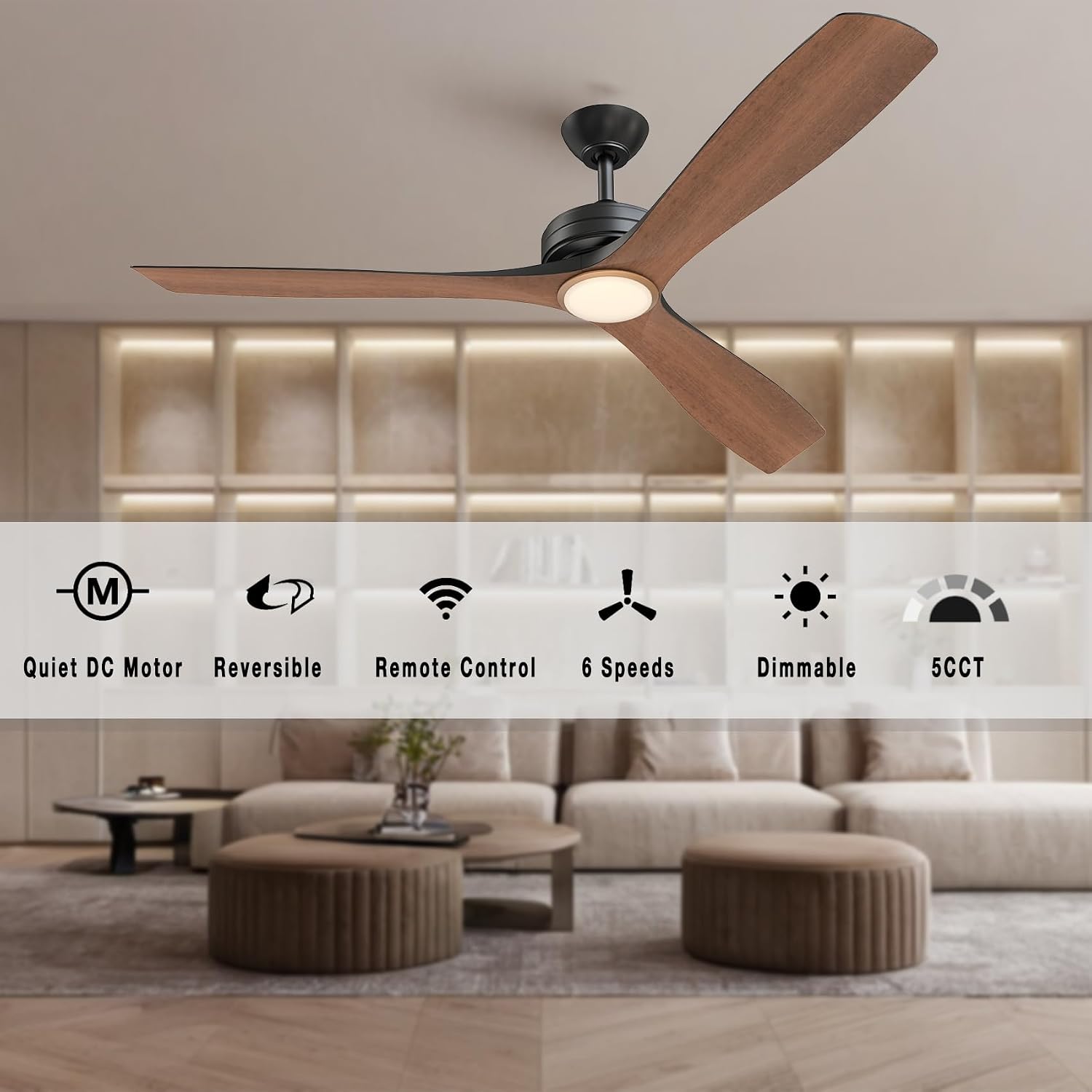 FANX 60 Inch Indoor Outdoor Ceiling Fan with Light, Quiet 6-Speed DC Motor, Dimmable 18W LED 1500 Lumens, Adjustable Color Temperature, Reversible Function, ABS Blades, Remote Control