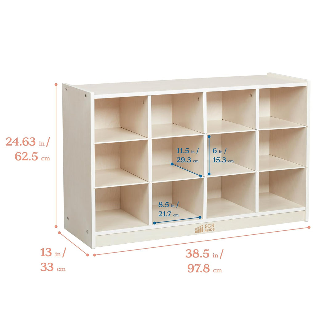 ECR4Kids 12 Cubby Mobile Tray Storage Cabinet, 3x4, Classroom Furniture, White Wash