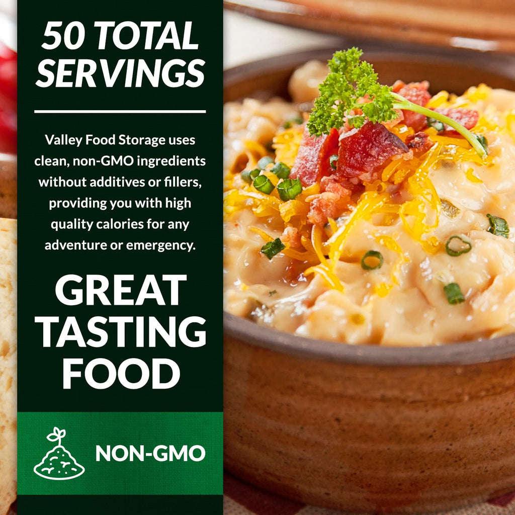 Valley Food Storage Irish Pub Cheddar Potato Soup 10-Bag Bucket, 50 Servings | Premium Non-GMO Emergency Food Supply with 25 Year Shelf Life | Survival Meals, Prepper Food, Camping & Off-Grid Supplies