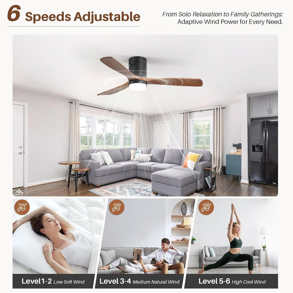 CACI Mall Smart 52 inch Wood Flush Mount Ceiling Fans with Lights and Remote, 3 Blades, Low Profile, Modern, Compatible with Alexa/Google/App, Outdoor Indoor Ceiling Fans for Bedroom/Farmhouse/Patio