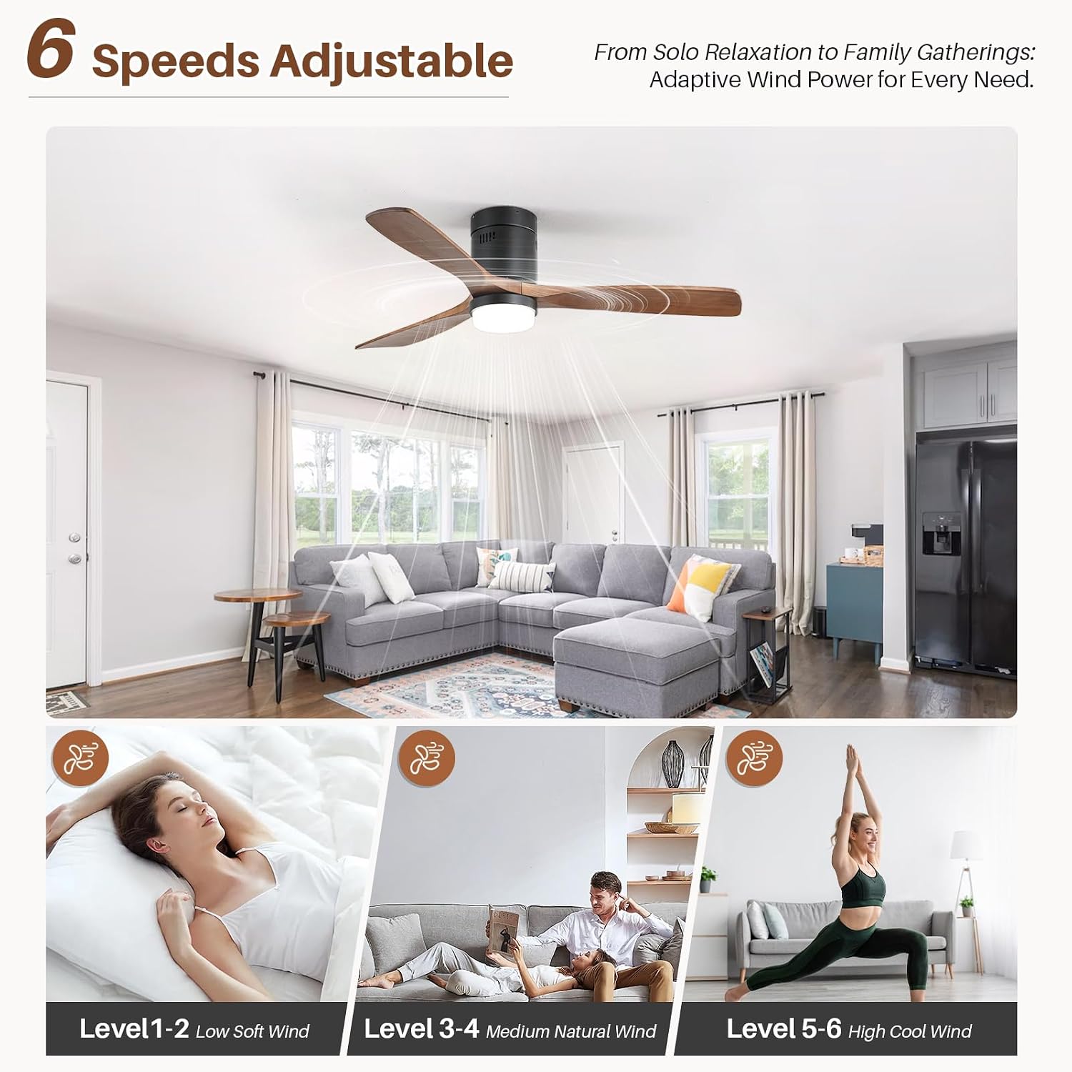 CACI Mall Smart 52 inch Wood Flush Mount Ceiling Fans with Lights and Remote, 3 Blades, Low Profile, Modern, Compatible with Alexa/Google/App, Outdoor Indoor Ceiling Fans for Bedroom/Farmhouse/Patio