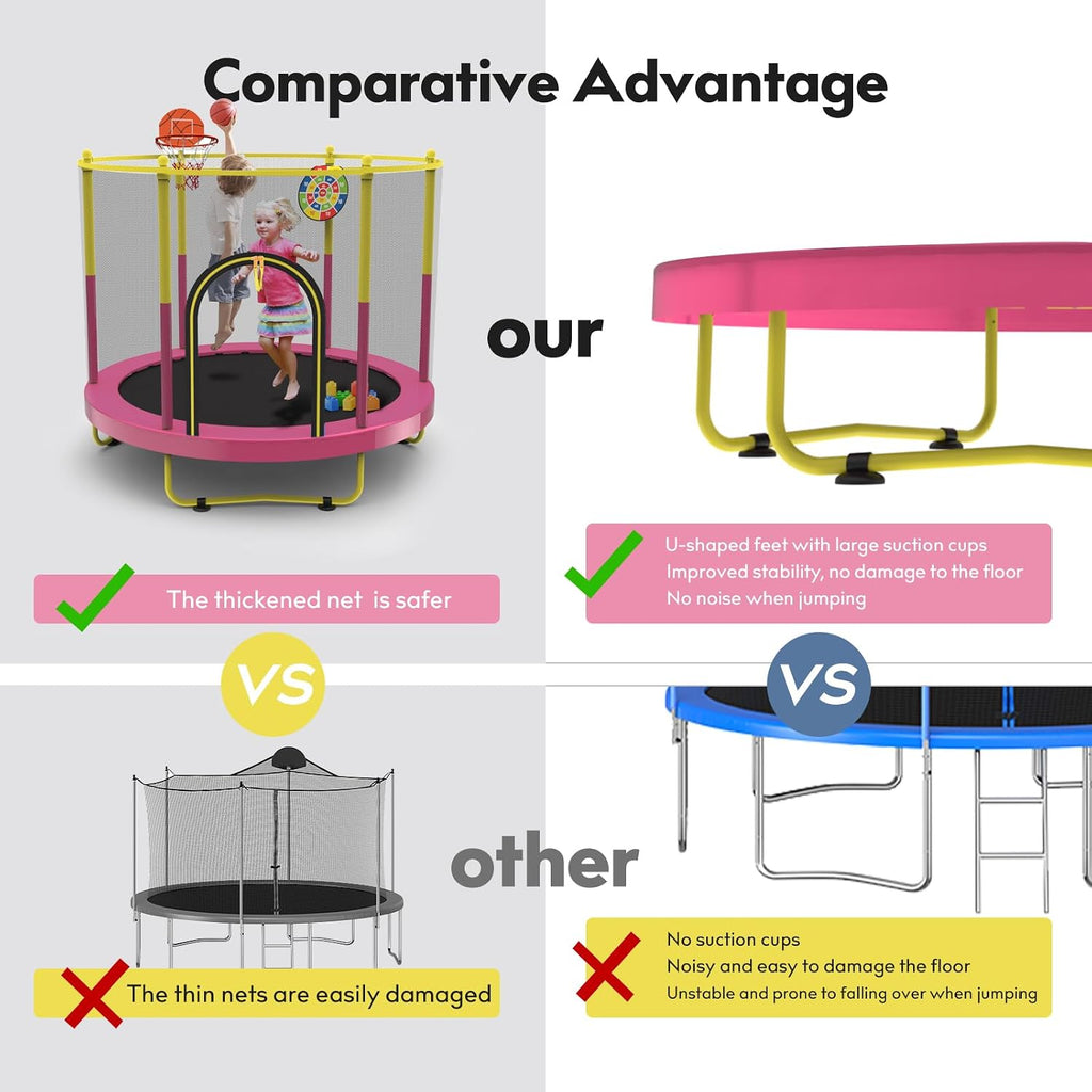 72' Trampoline for Kids with Net,6 FT Indoor & Outdoor Small Toddler Trampoline with Basketball Hoop & Dart Board for Ages 1-8, Birthday Gifts for Boys & Girls, Baby Toddler Christmas Toys