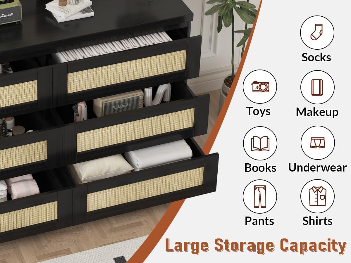 Patikuin Rattan Dresser for Bedroom, Modern 6 Drawer Dresser, Wide Chest of Drawers with Anti-Tip Kit & Smooth Slide Rail, Wood Storage Dressers for Closet, Hallway, Living Room, Black