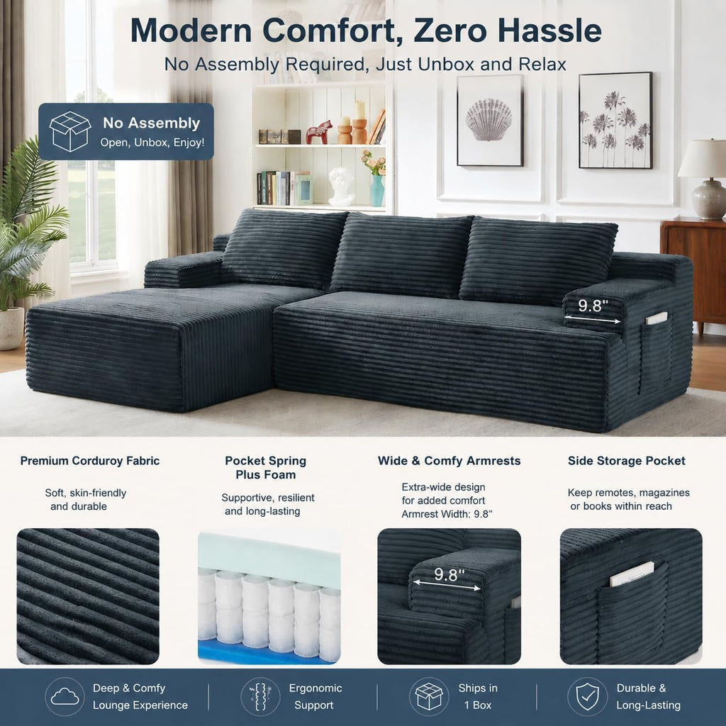 96' Corduroy Sectional Sofa Boneless Couches for Living Room - L Shaped Compressed Cloud Couch with Left Facing Chaise Lounge and Side Pockets