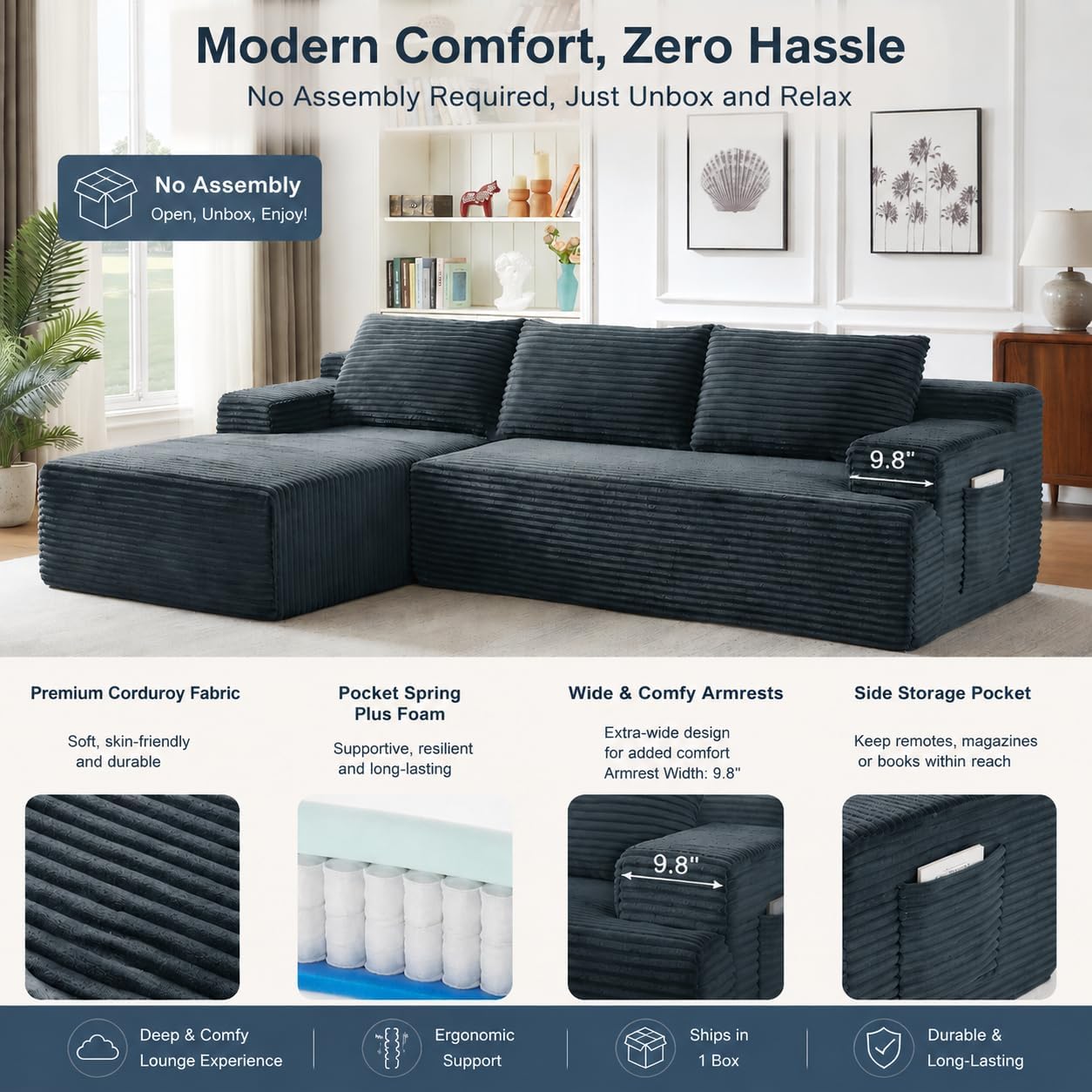 96' Corduroy Sectional Sofa Boneless Couches for Living Room - L Shaped Compressed Cloud Couch with Left Facing Chaise Lounge and Side Pockets