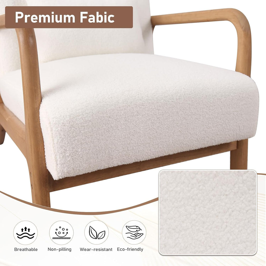 ANJ Mid Century Modern Accent Chair Set of 2, Single Boucle Lounge Reading Armchair with Solid Wood Frame, Easy Assembly Arm Chairs for Living Room, White