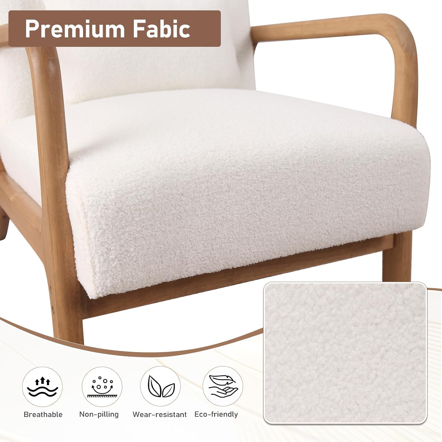 ANJ Mid Century Modern Accent Chair Set of 2, Single Boucle Lounge Reading Armchair with Solid Wood Frame, Easy Assembly Arm Chairs for Living Room, White