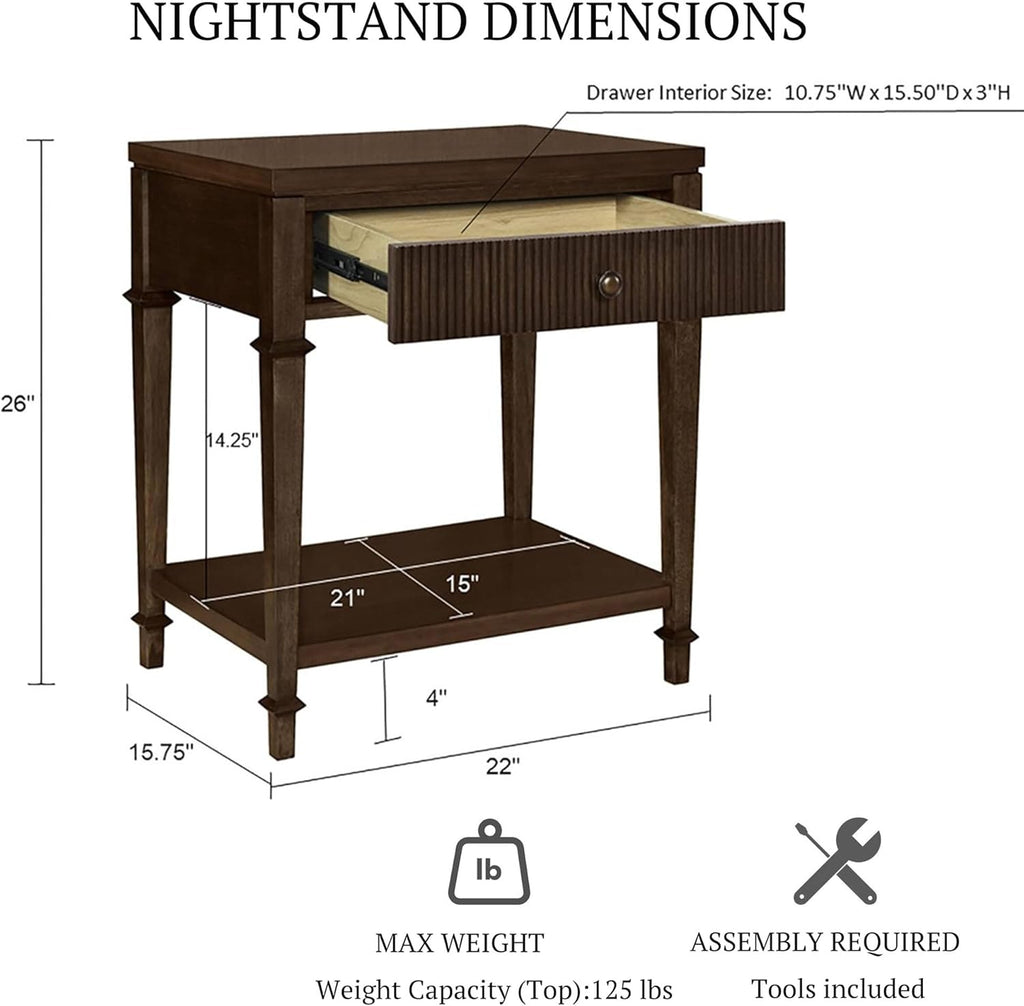 Martha Stewart Kenna Drawer Nightstand for Bedroom Nightstand with Drawer Lily Pond Collection Bedside Table Cottage Design Fluted Drawer, Metal Hardware, Coastal Bedroom Furniture, 26' H Dark Coffee