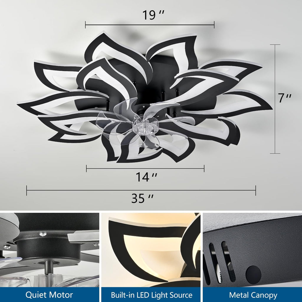 Dalouguan 35' Black Modern Ceiling Fan with Lights Remote Control, 6 Speeds 3 Light Color Low Profile Flush Mount Ceiling Fan with light for Kitchen Bedroom