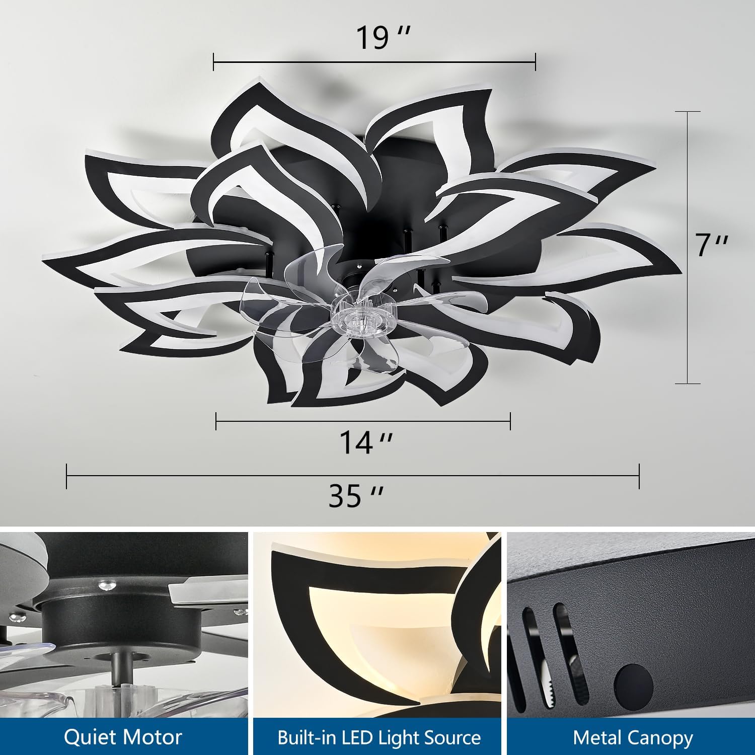 Dalouguan 35' Black Modern Ceiling Fan with Lights Remote Control, 6 Speeds 3 Light Color Low Profile Flush Mount Ceiling Fan with light for Kitchen Bedroom